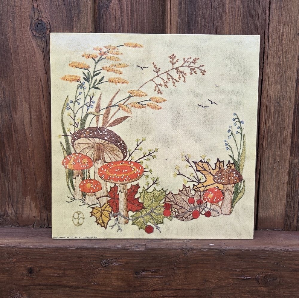 Vintage 1977 Wall Hanging Print Of Mushroom Embroidery Art Piece